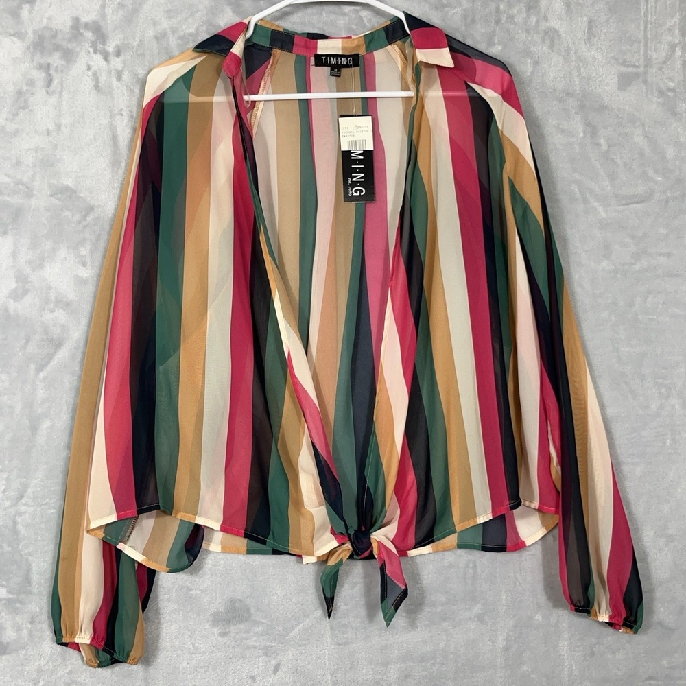 NWT Timing Cover Up Top Womens Multicolor Chiffon‎ Long Sleeve Tie Open Front M